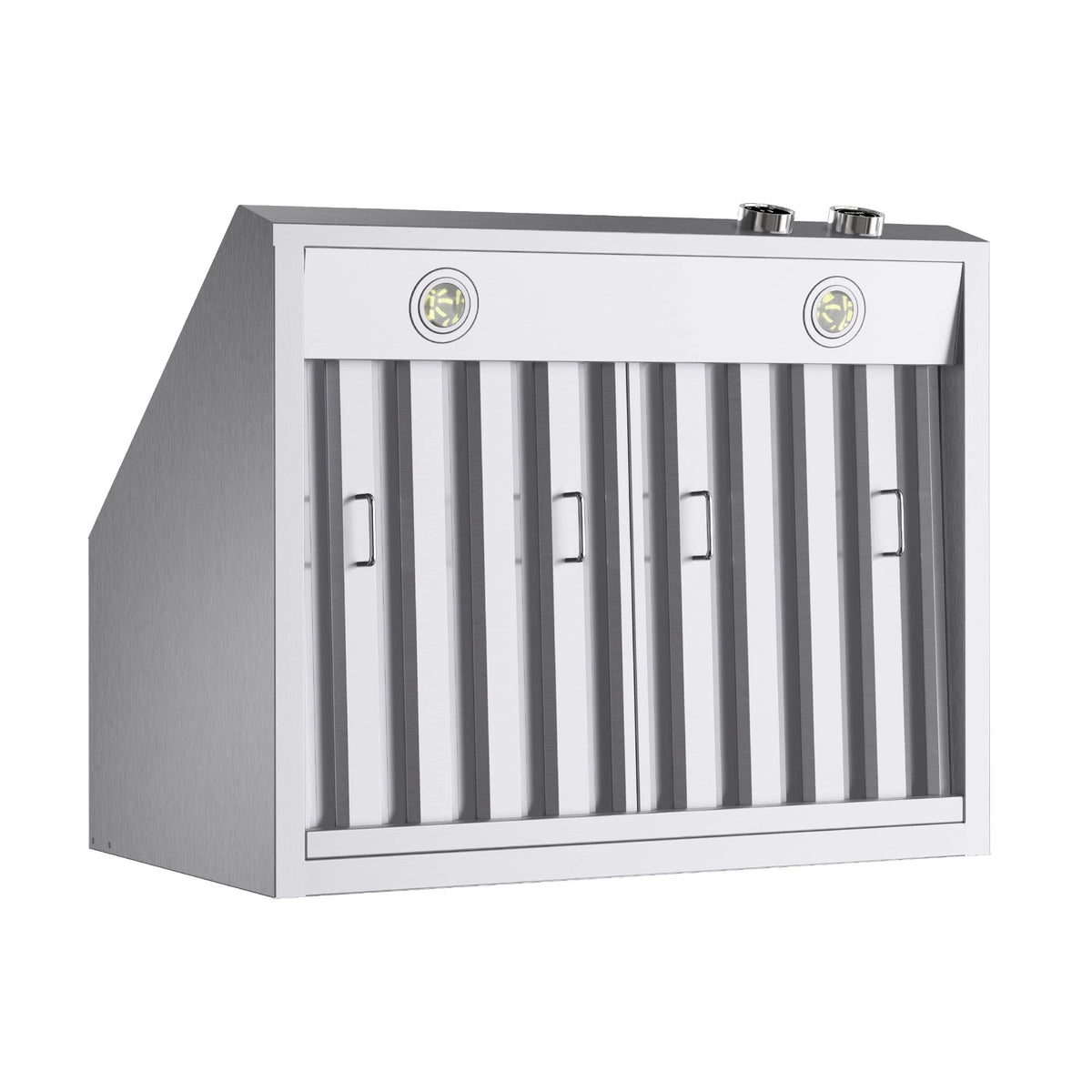 Stainless steel wall mount range hood with vertical grille and top controls