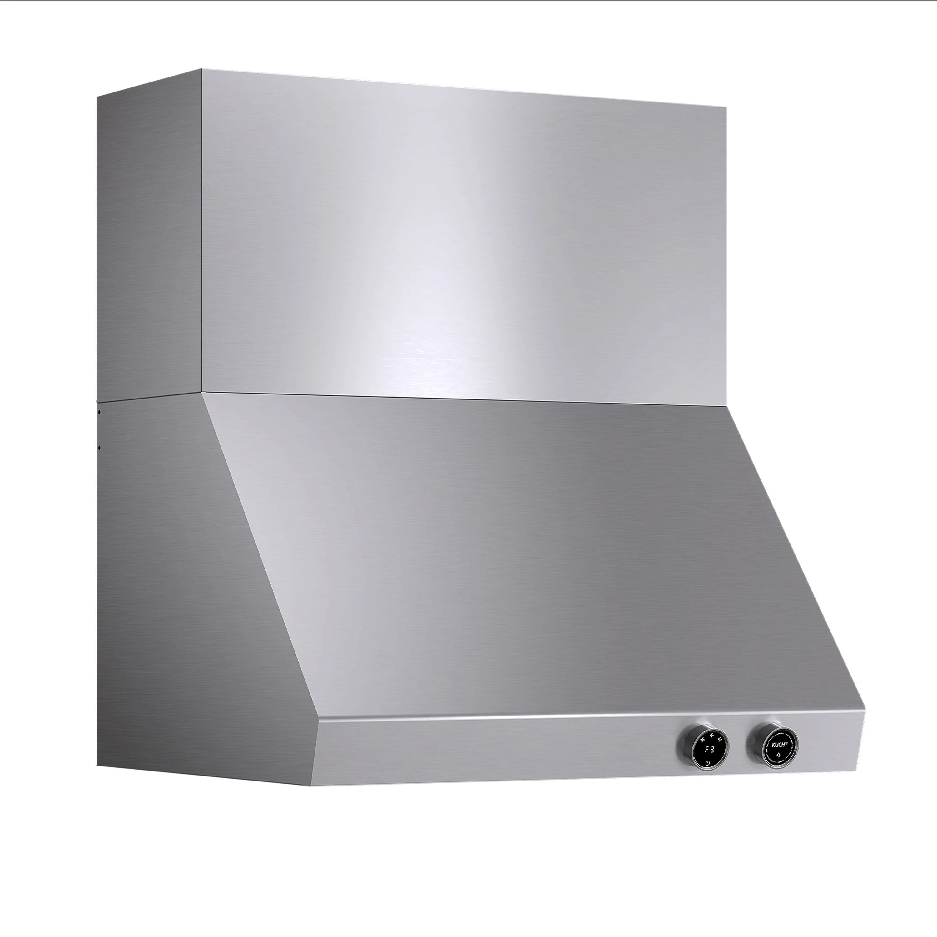 Stainless steel ducted wall mount range hood with wide curved canopy and control panel