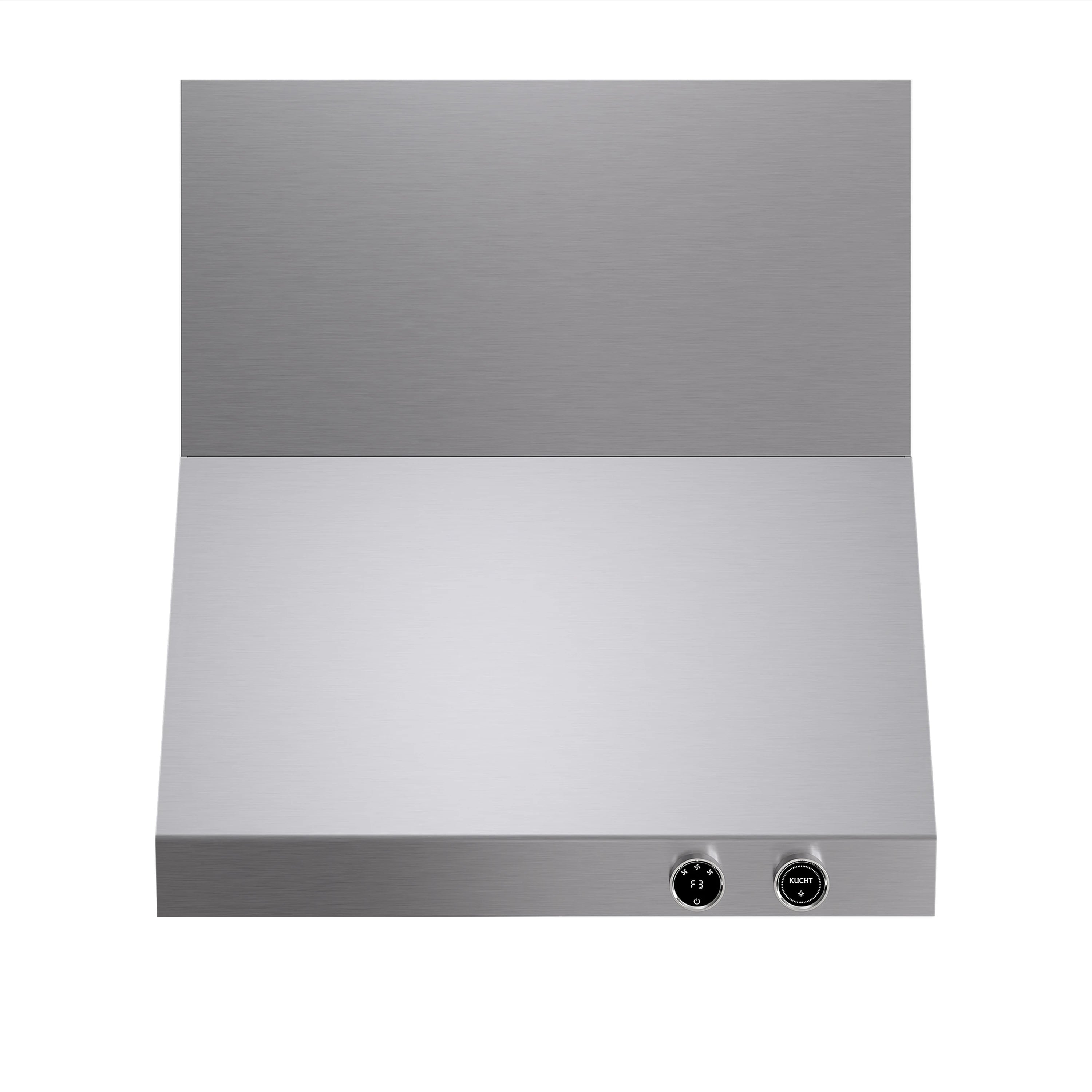 Stainless steel wall mount range hood canopy with two round control buttons on bottom edge