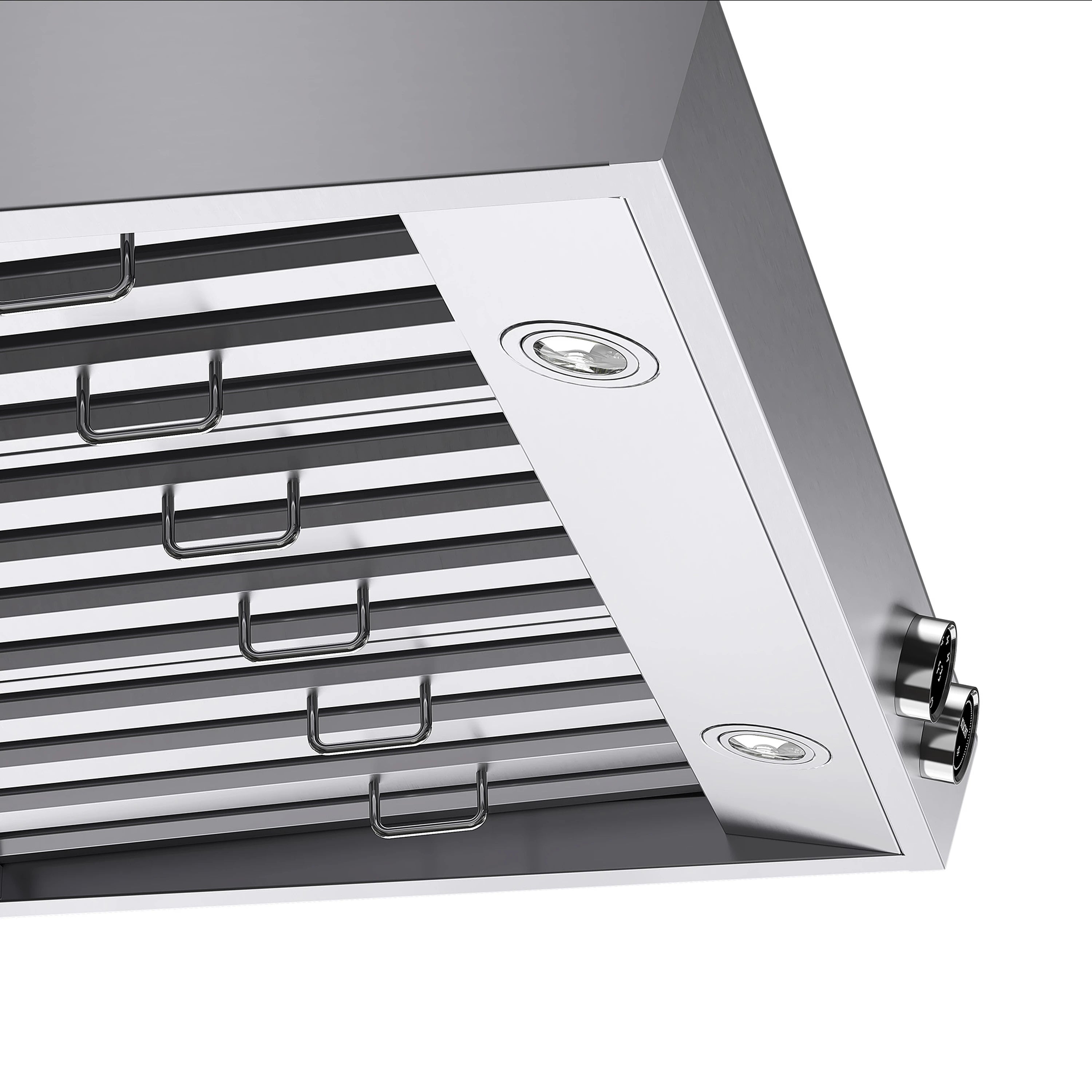 Under-cabinet range hood underside with baffle filter panels and recessed lights