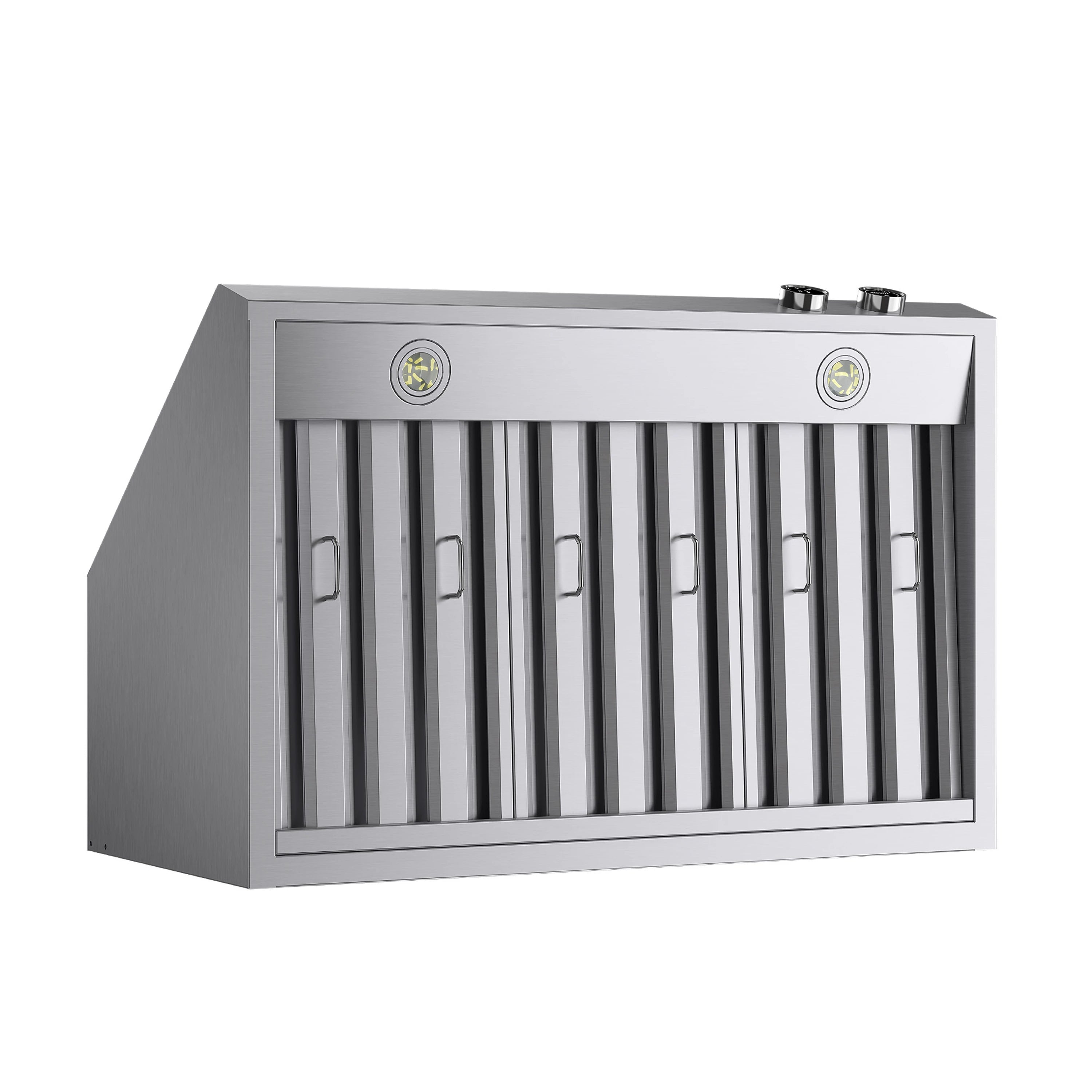 Stainless steel under-cabinet range hood with front grille and vertical filter slats
