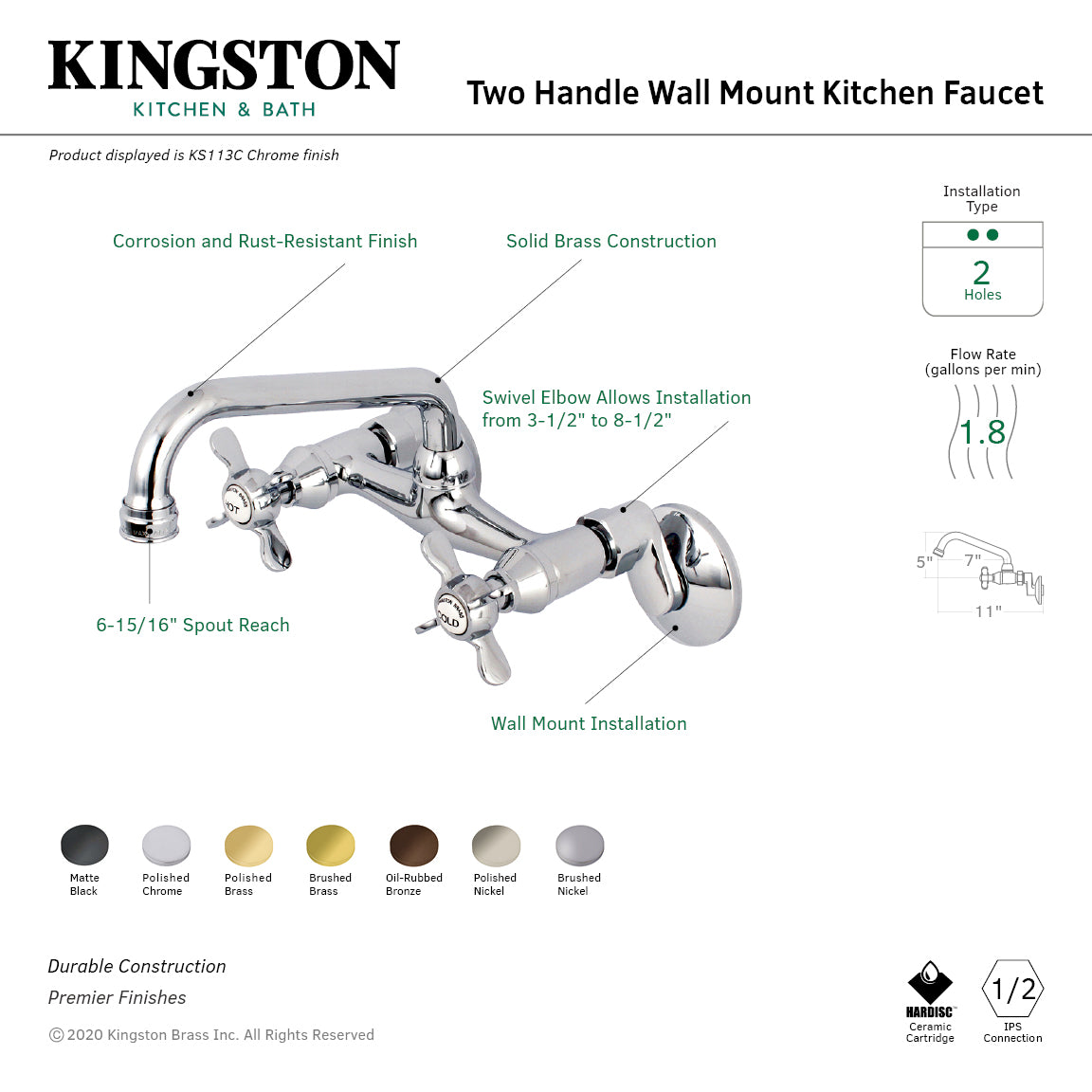 Essex Double-Handle Wall-Mount Bridge Kitchen Faucet in Brushed Brass