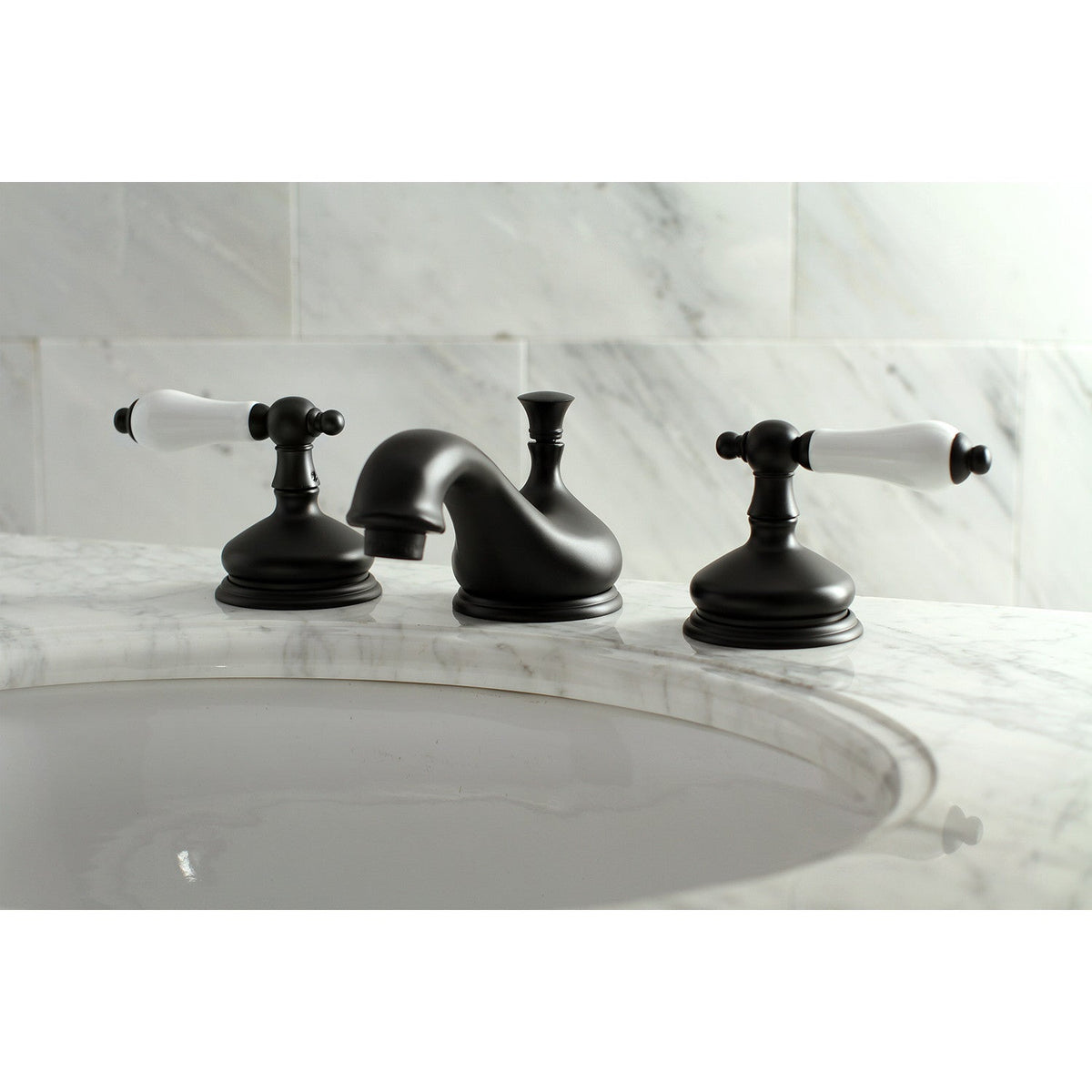Heritage Widespread Bathroom Faucet with Brass Pop-Up in Matte Black