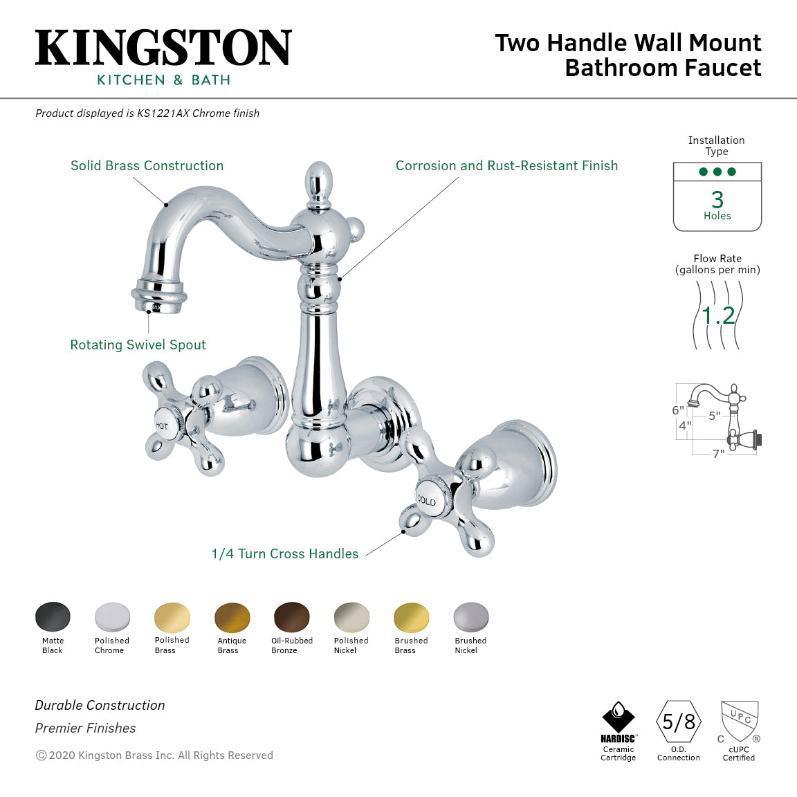 Heritage Double-Handle Wall Mount Bathroom Faucet in Antique Brass