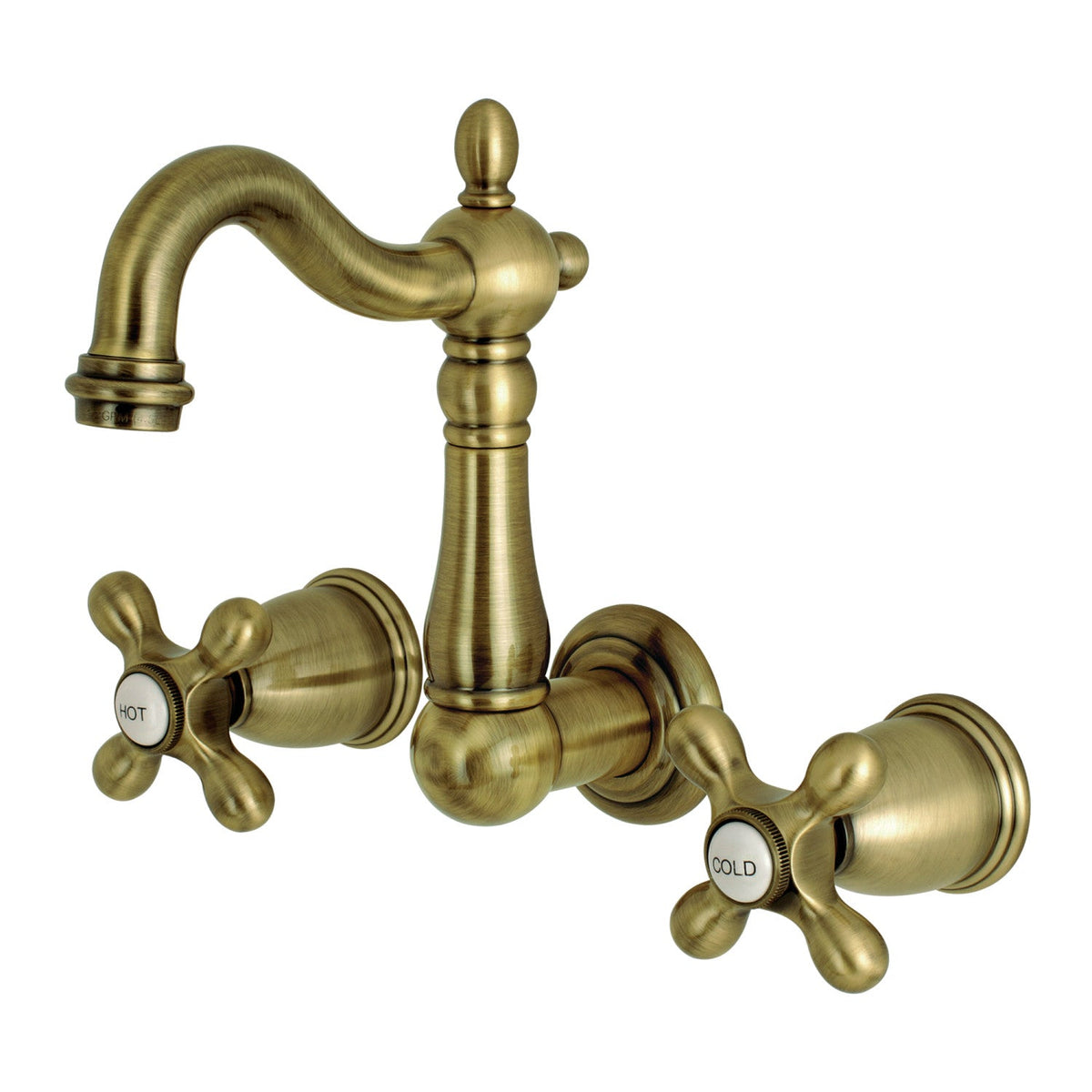 Heritage Double-Handle Wall Mount Bathroom Faucet in Antique Brass