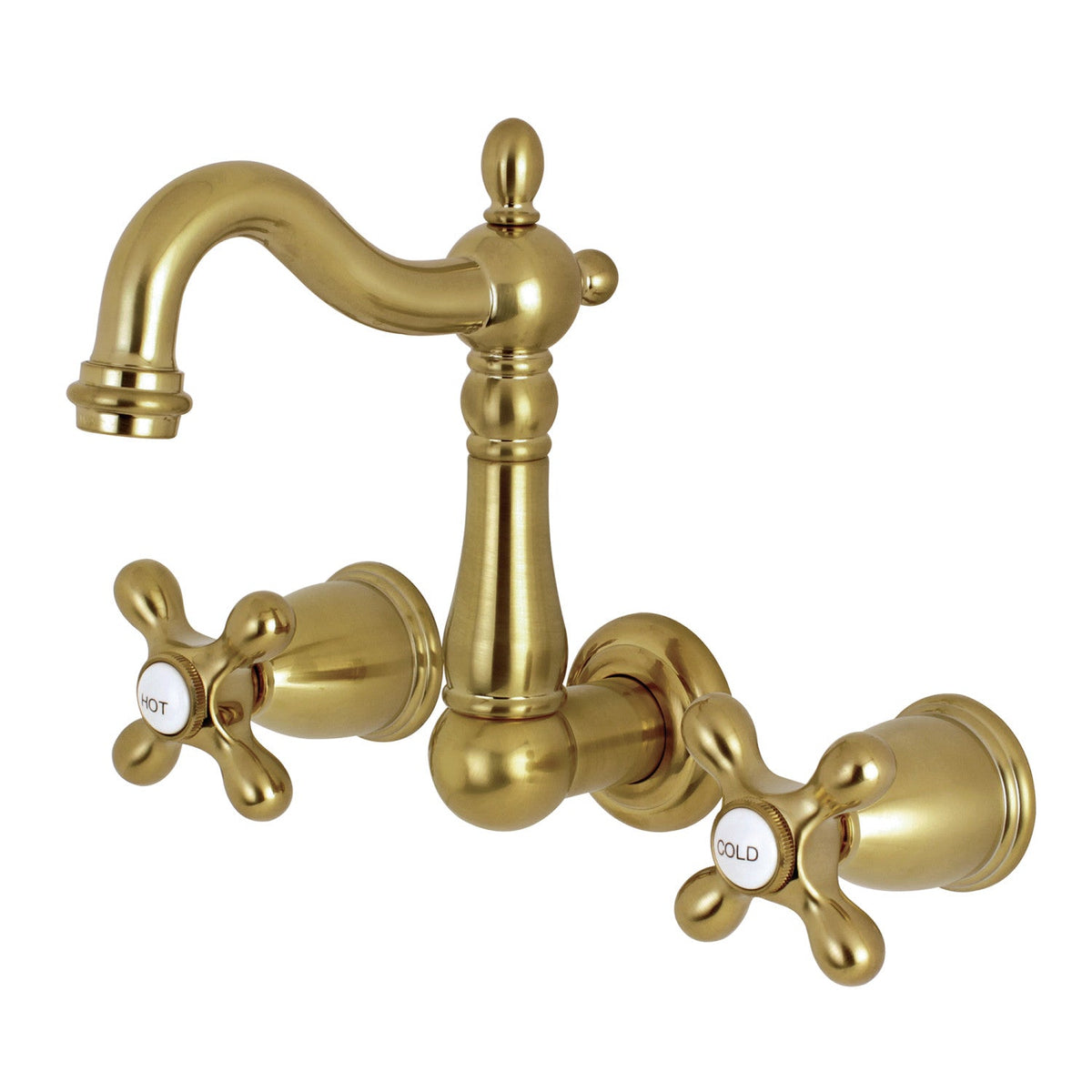 Heritage Double-Handle Wall Mount Bathroom Faucet in Brushed Brass