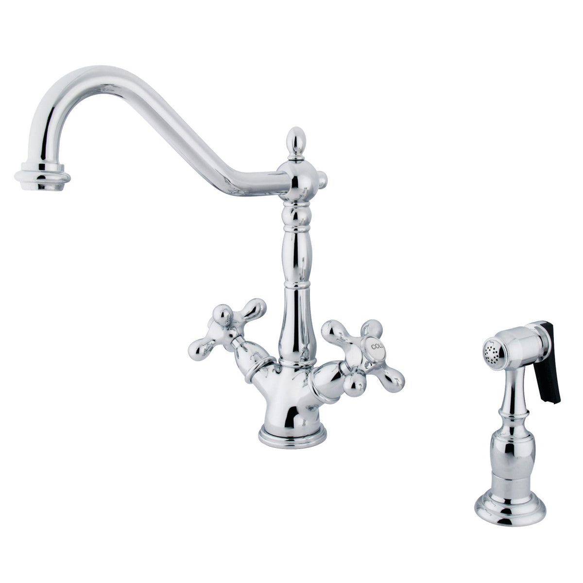 Heritage Two-Handle 2-or-4 Hole Kitchen Faucet with Deck Plate and Brass Sprayer in Polished Chrome