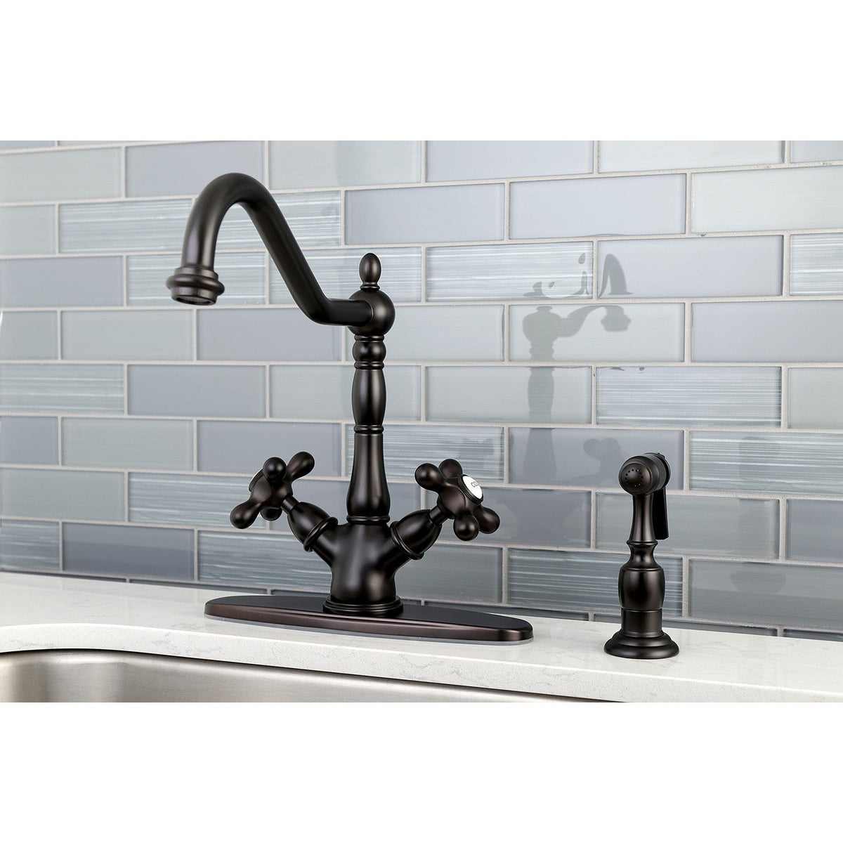 Heritage Two-Handle 2-or-4 Hole Kitchen Faucet with Deck Plate and Brass Sprayer in Oil Rubbed Bronze