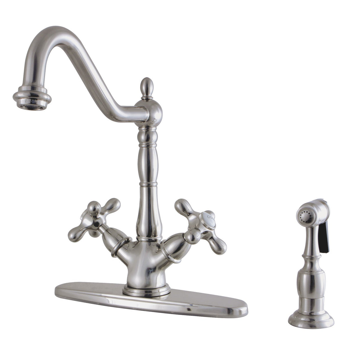 Heritage Two-Handle 2-or-4 Hole Kitchen Faucet with Deck Plate and Brass Sprayer in Brushed Nickel