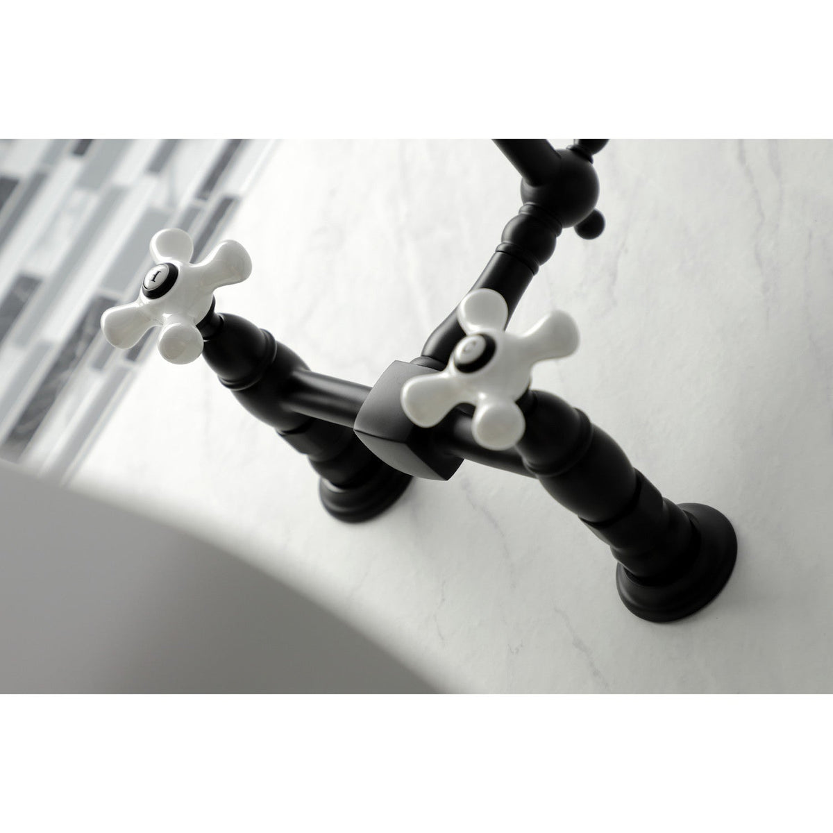Heritage Double-Handle Wall-Mount Bridge Kitchen Faucet in Matte Black