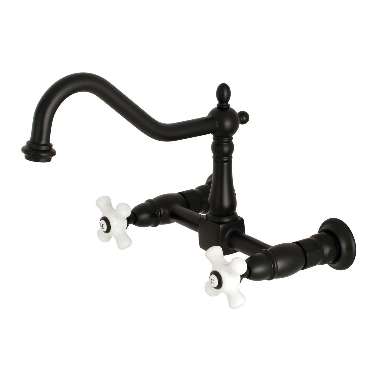 Heritage Double-Handle Wall-Mount Bridge Kitchen Faucet in Matte Black