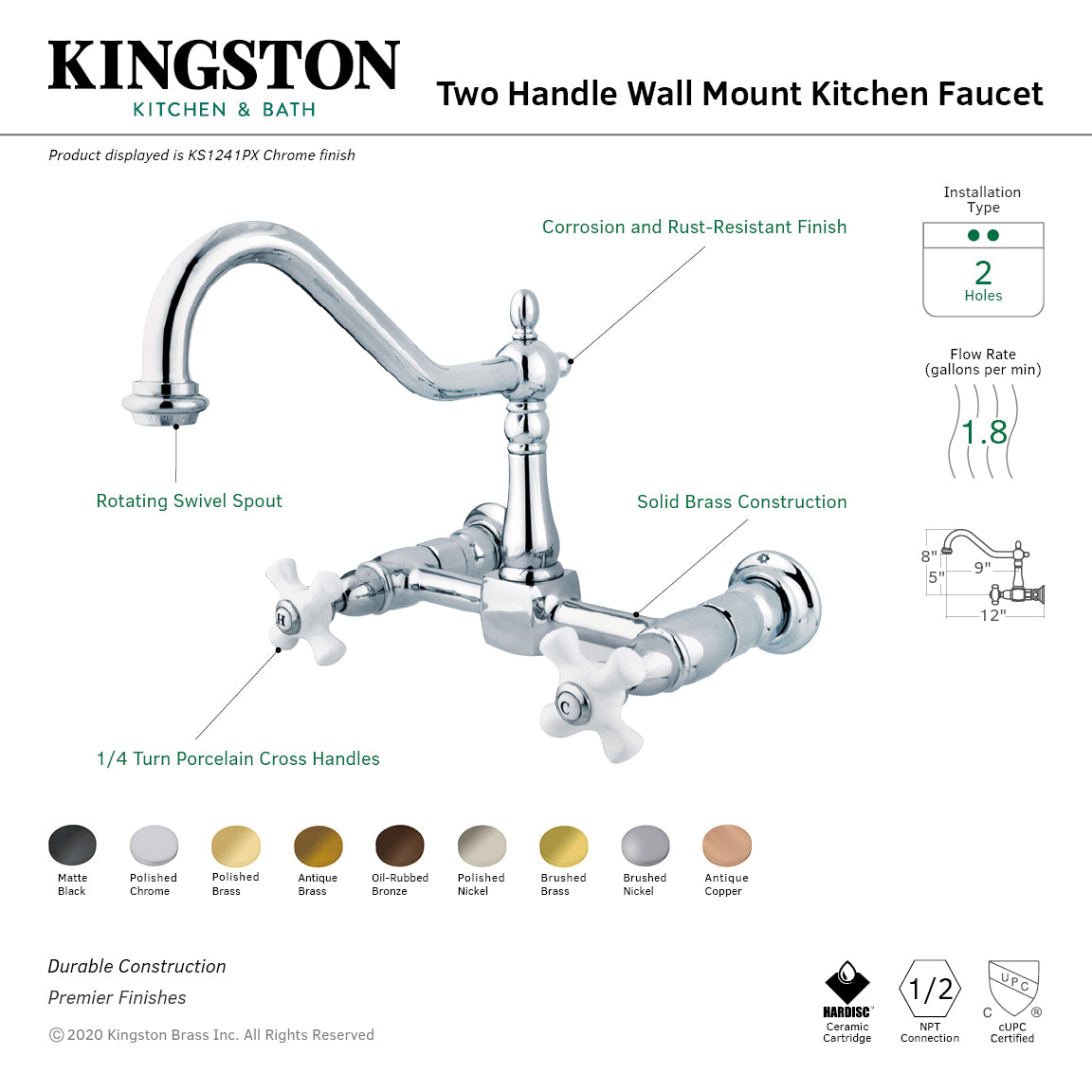 Heritage Double-Handle Wall-Mount Bridge Kitchen Faucet in Polished Nickel
