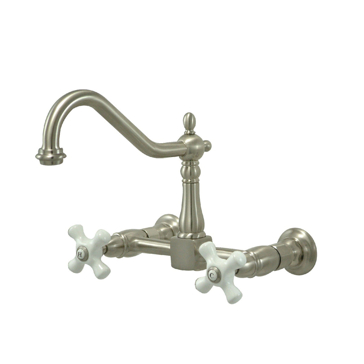 Heritage Double-Handle Wall-Mount Bridge Kitchen Faucet in Brushed Nickel
