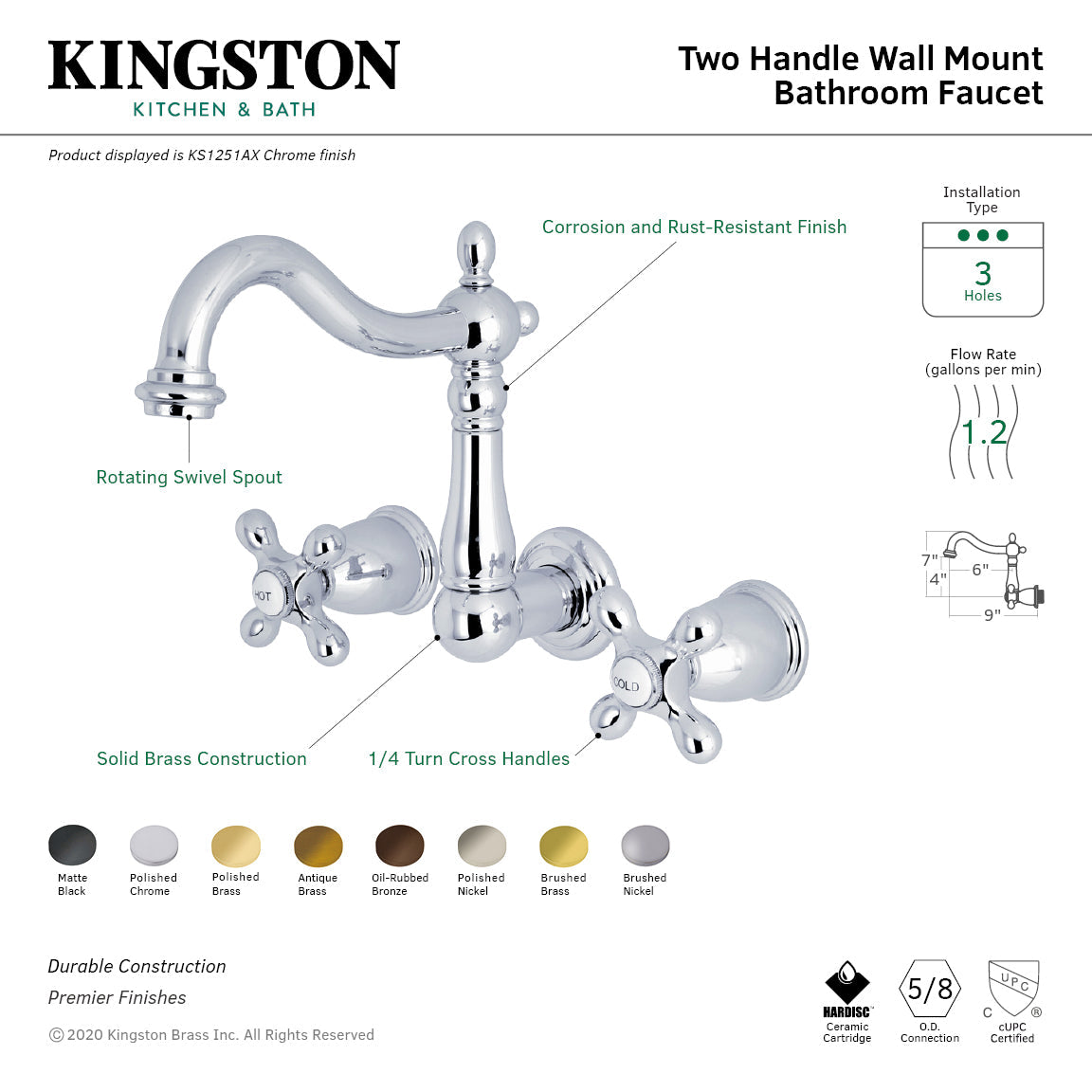 Heritage Double-Handle Wall Mount Bathroom Faucet in Polished Chrome