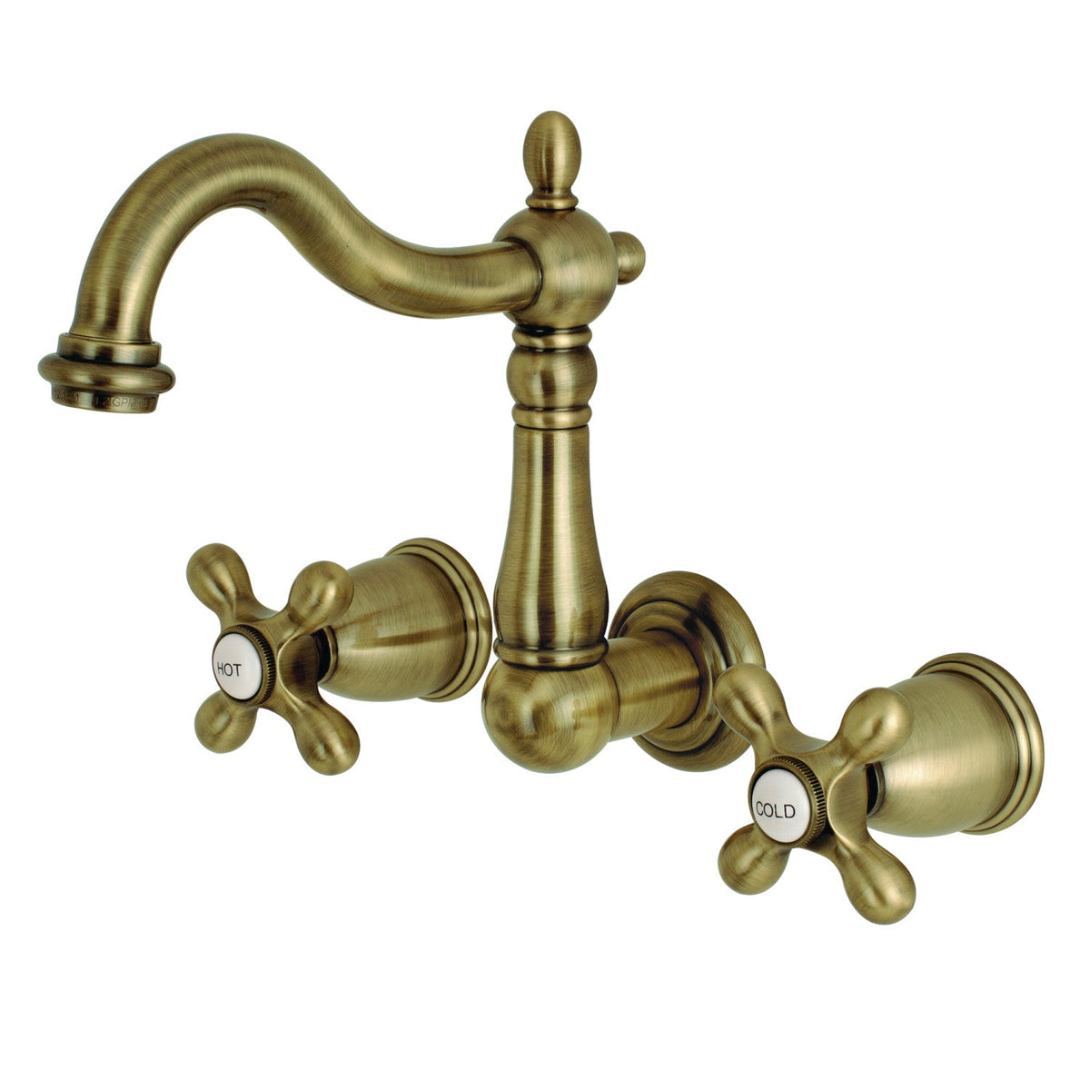 Heritage Double-Handle Wall Mount Bathroom Faucet in Antique Brass