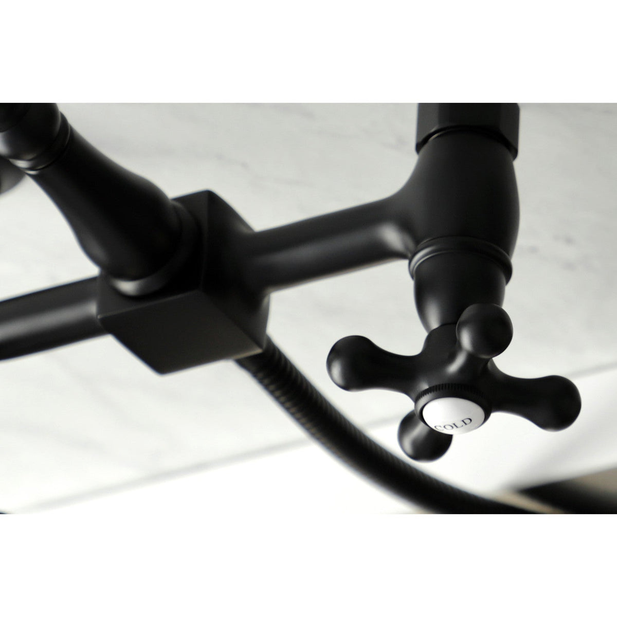 Heritage Double-Handle Wall-Mount Bridge Kitchen Faucet with Brass Sprayer in Matte Black