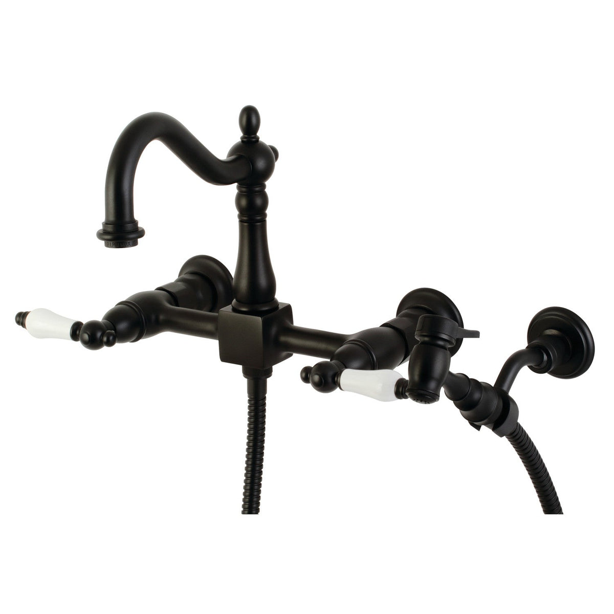 Heritage Double-Handle Wall-Mount Bridge Kitchen Faucet with Brass Sprayer in Matte Black