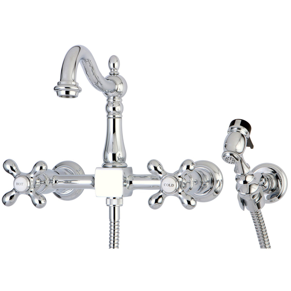 Heritage Double-Handle Wall-Mount Bridge Kitchen Faucet with Brass Sprayer in Polished Chrome