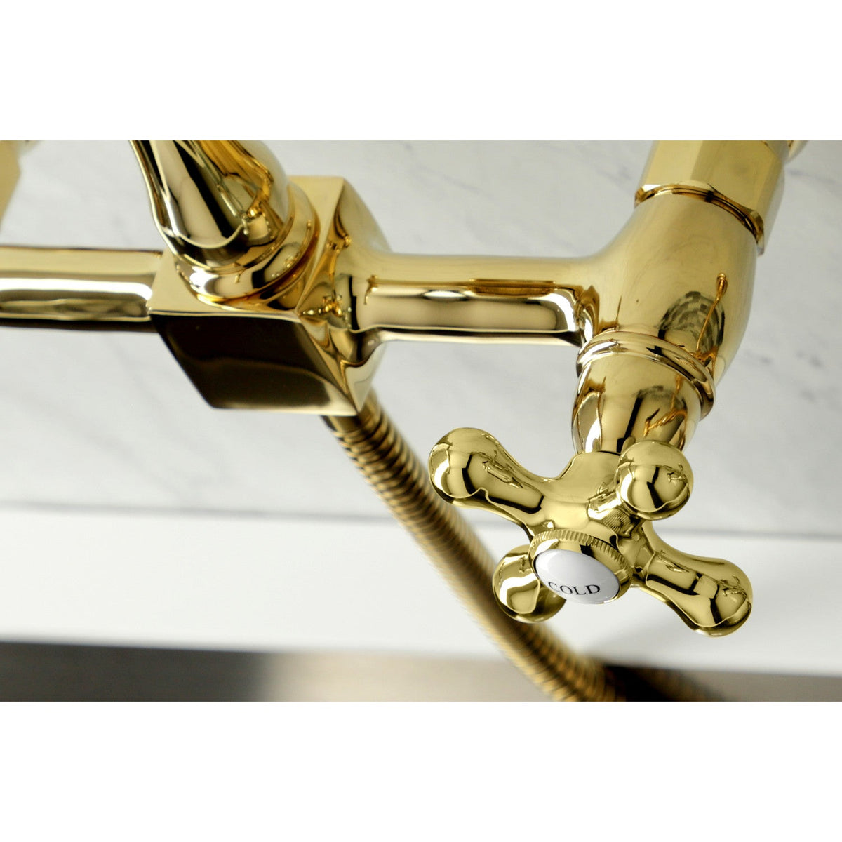 Heritage Double-Handle Wall-Mount Bridge Kitchen Faucet with Brass Sprayer in Polished Brass