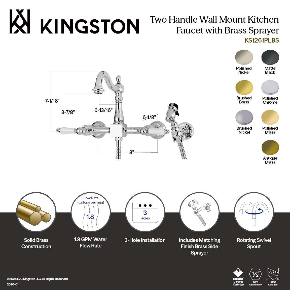 Heritage Double-Handle Wall-Mount Bridge Kitchen Faucet with Brass Sprayer in Polished Brass
