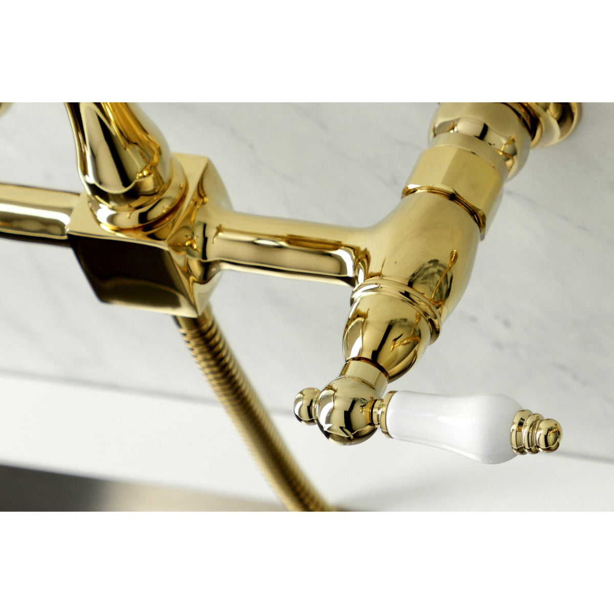 Heritage Double-Handle Wall-Mount Bridge Kitchen Faucet with Brass Sprayer in Polished Brass
