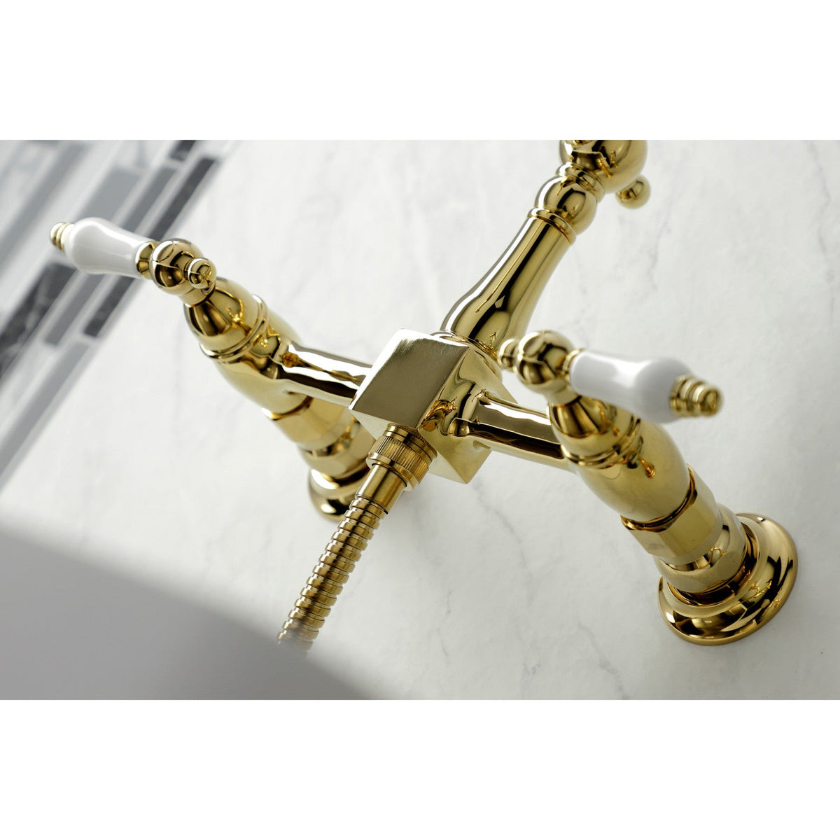 Heritage Double-Handle Wall-Mount Bridge Kitchen Faucet with Brass Sprayer in Polished Brass
