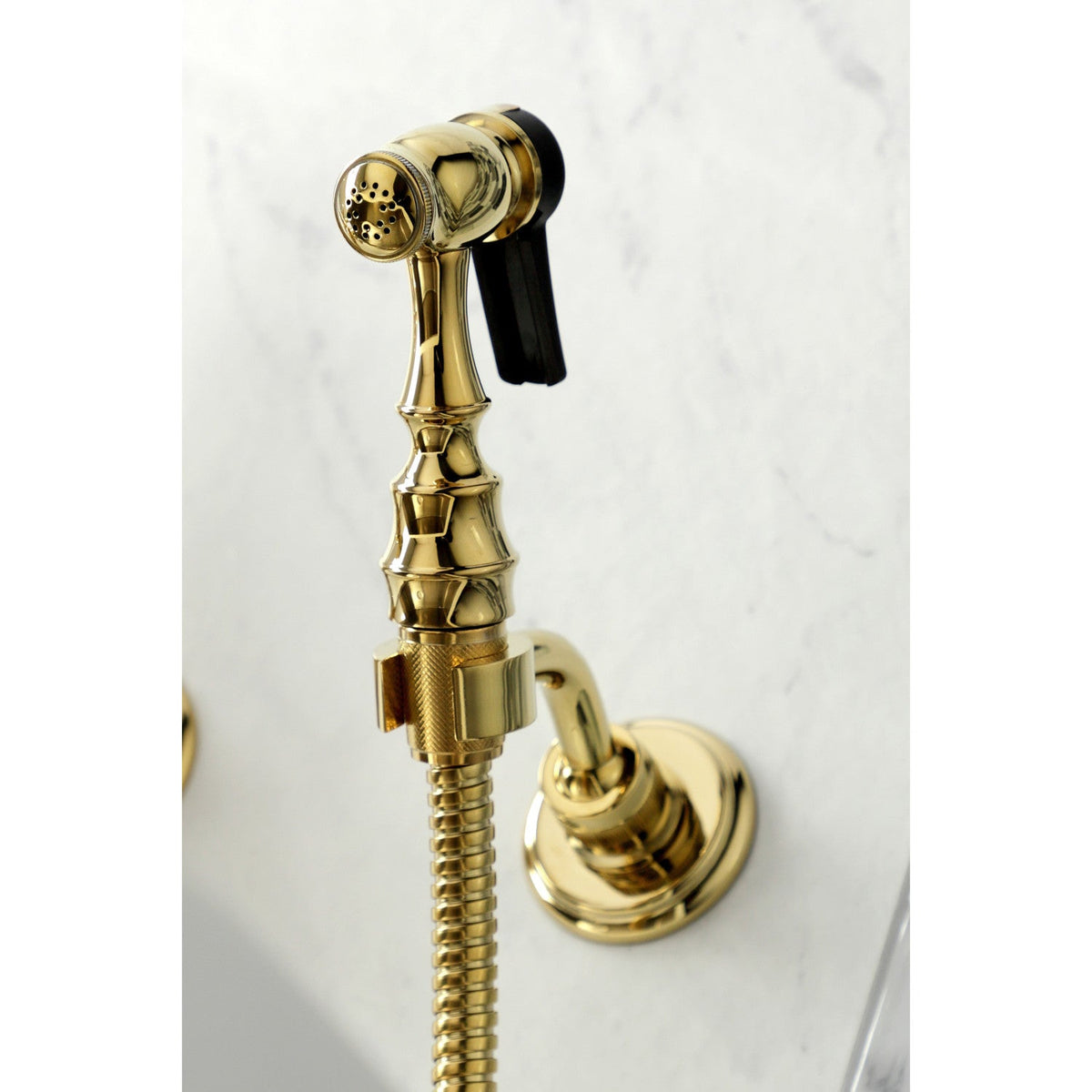 Heritage Double-Handle Wall-Mount Bridge Kitchen Faucet with Brass Sprayer in Polished Brass