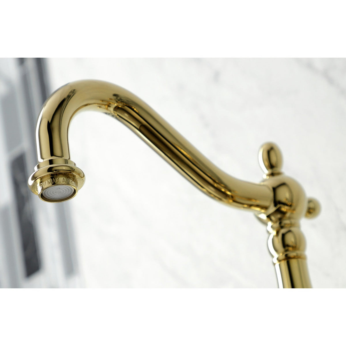 Heritage Double-Handle Wall-Mount Bridge Kitchen Faucet with Brass Sprayer in Polished Brass