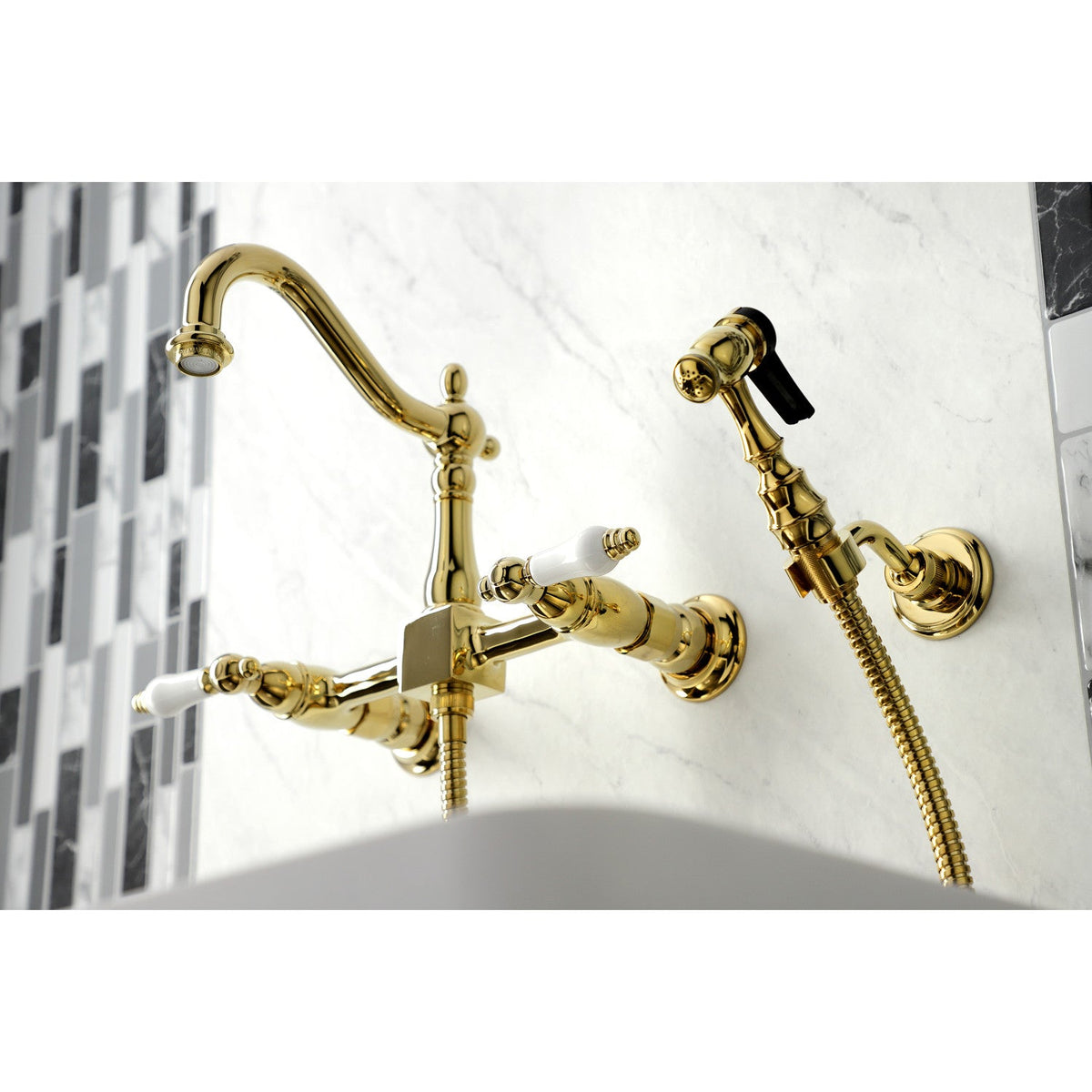 Heritage Double-Handle Wall-Mount Bridge Kitchen Faucet with Brass Sprayer in Polished Brass