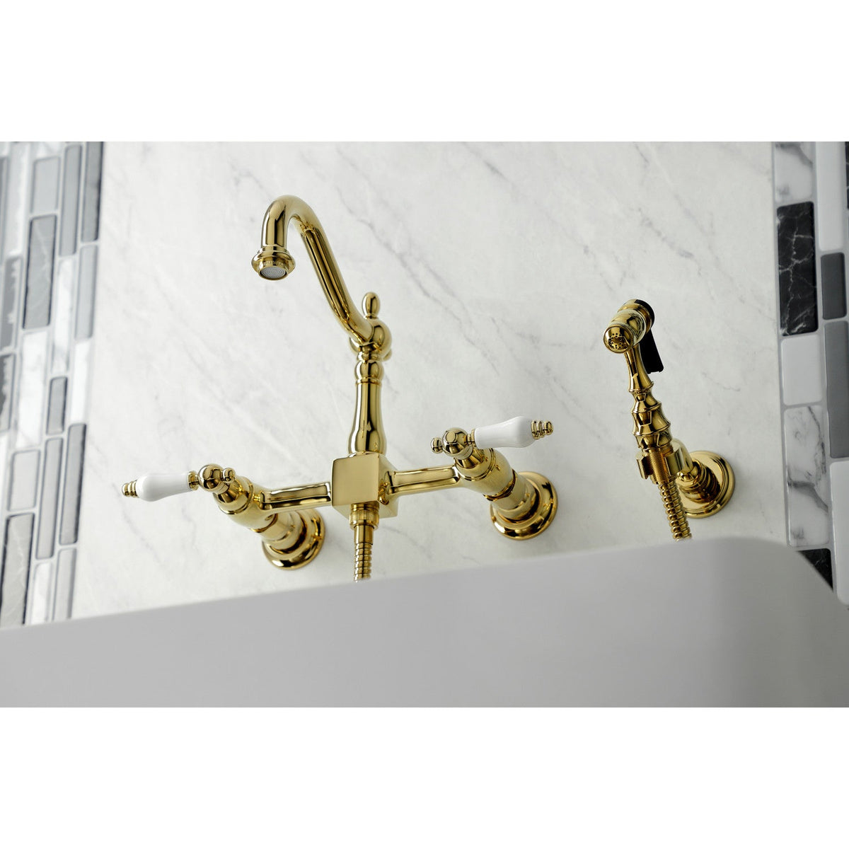 Heritage Double-Handle Wall-Mount Bridge Kitchen Faucet with Brass Sprayer in Polished Brass