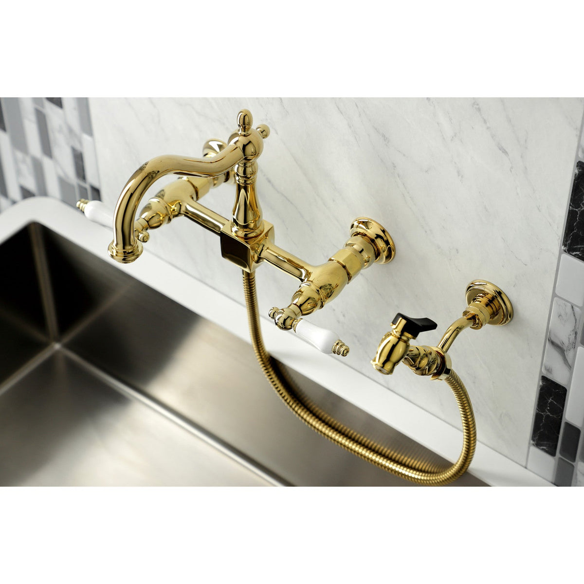 Heritage Double-Handle Wall-Mount Bridge Kitchen Faucet with Brass Sprayer in Polished Brass