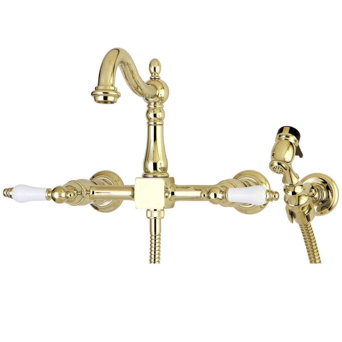 Heritage Double-Handle Wall-Mount Bridge Kitchen Faucet with Brass Sprayer in Polished Brass