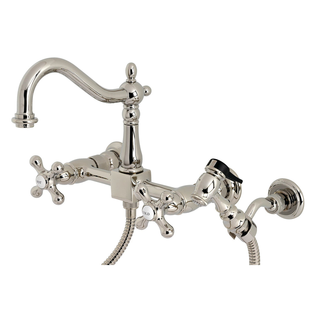 Heritage Double-Handle Wall-Mount Bridge Kitchen Faucet with Brass Sprayer in Polished Nickel