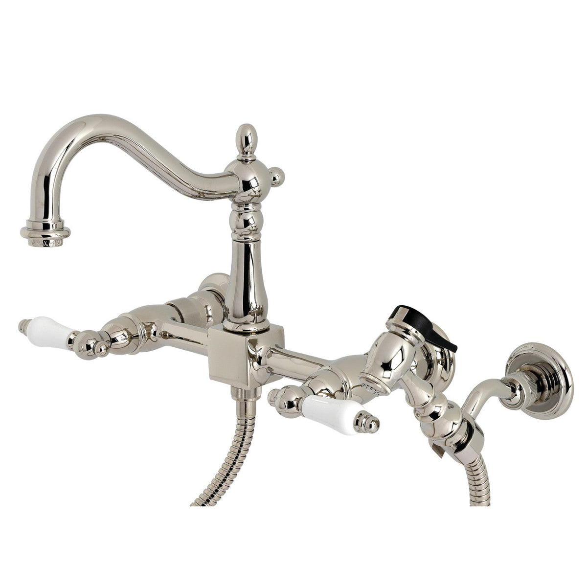 Heritage Double-Handle Wall-Mount Bridge Kitchen Faucet with Brass Sprayer in Polished Nickel