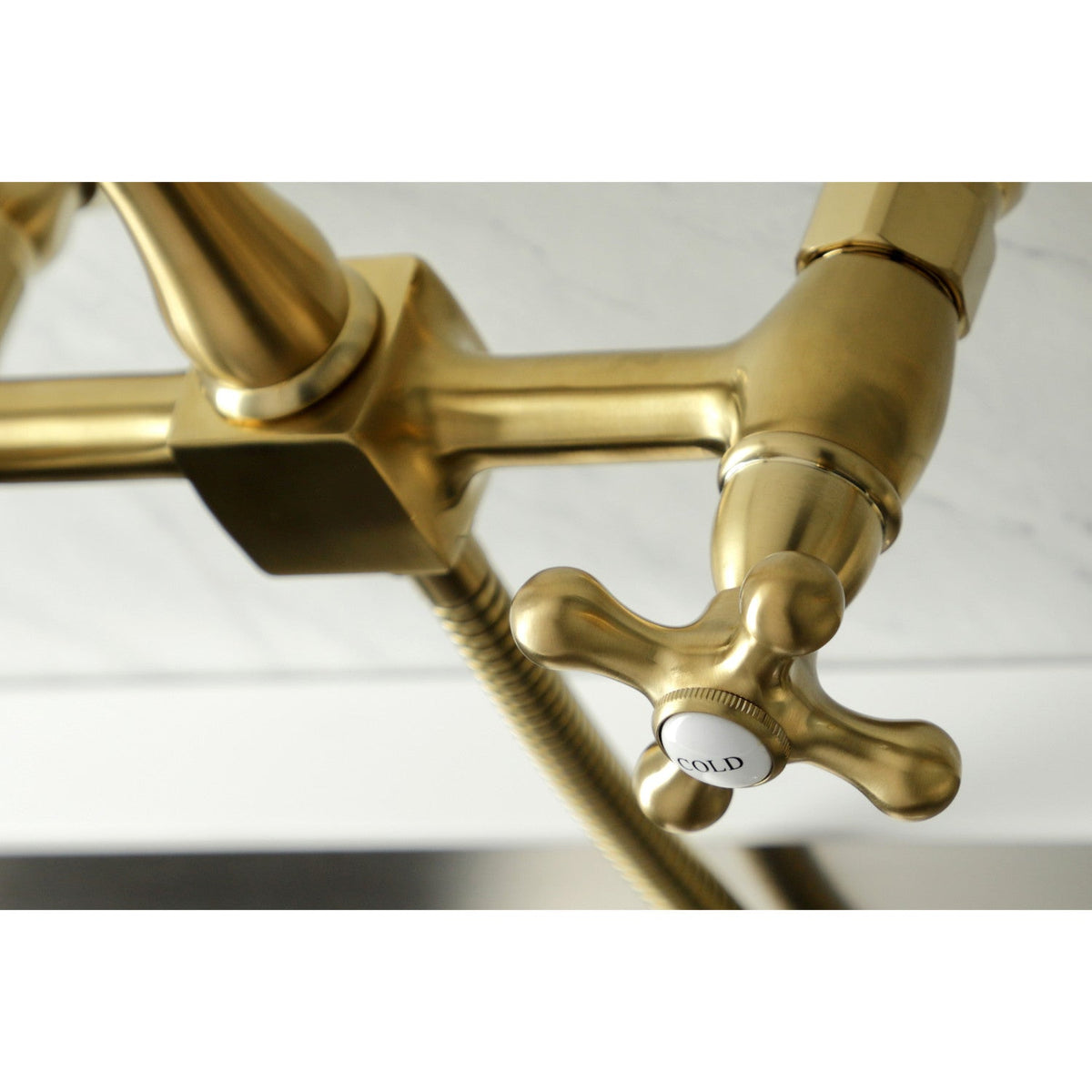 Heritage Double-Handle Wall-Mount Bridge Kitchen Faucet with Brass Sprayer in Brushed Brass