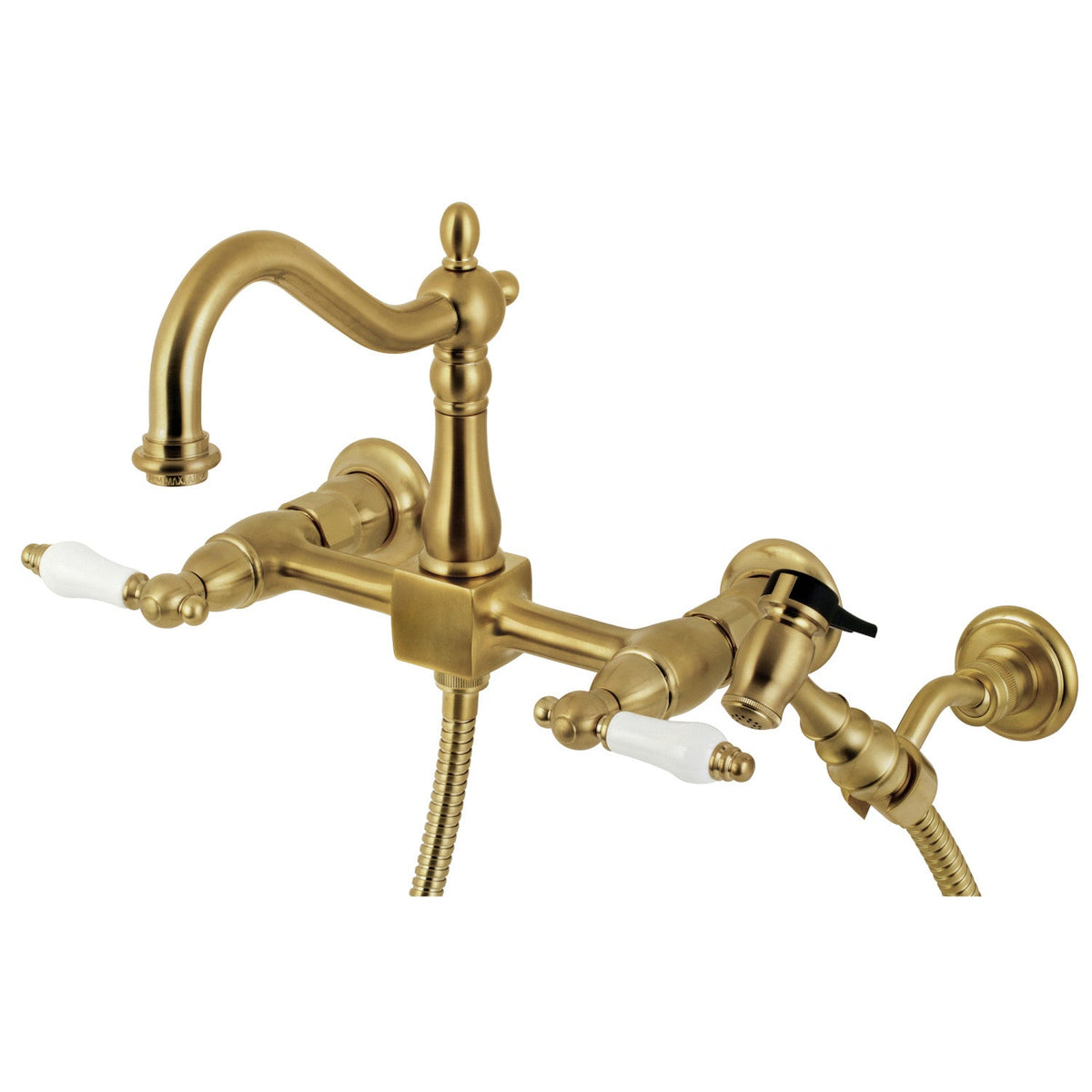 Heritage Double-Handle Wall-Mount Bridge Kitchen Faucet with Brass Sprayer in Brushed Brass