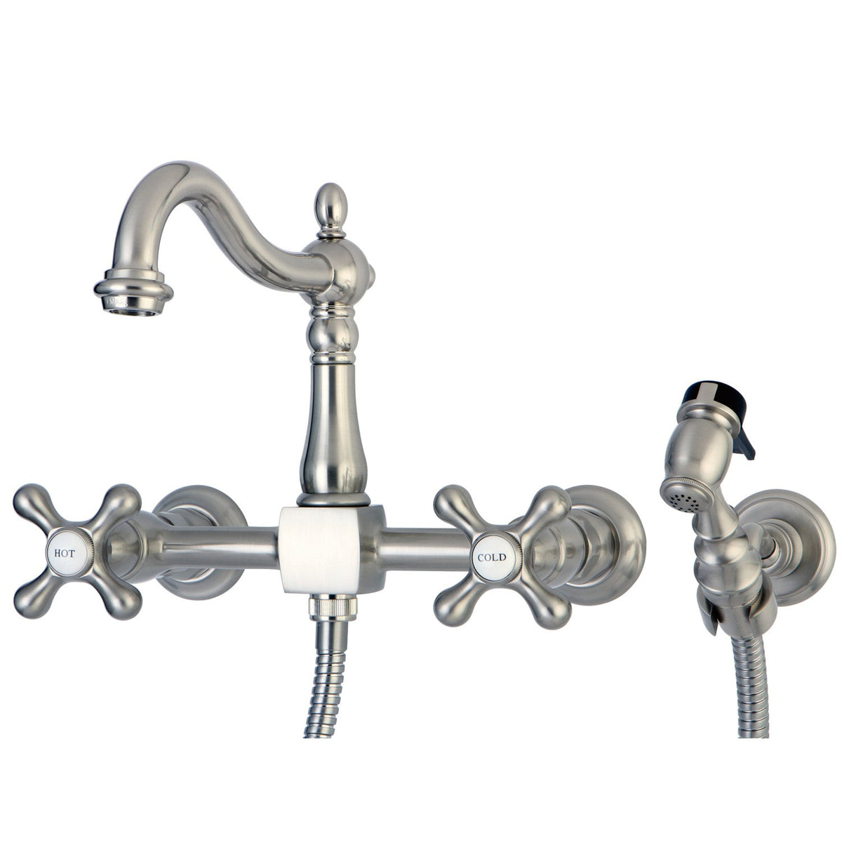 Heritage Double-Handle Wall-Mount Bridge Kitchen Faucet with Brass Sprayer in Brushed Nickel