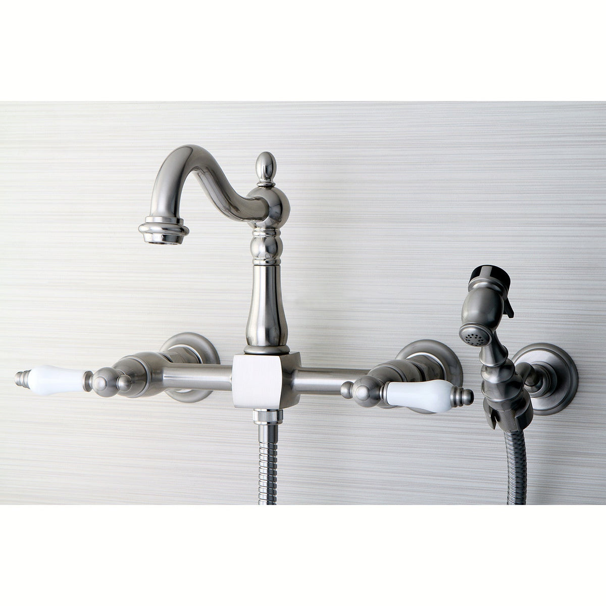 Heritage Double-Handle Wall-Mount Bridge Kitchen Faucet with Brass Sprayer in Brushed Nickel