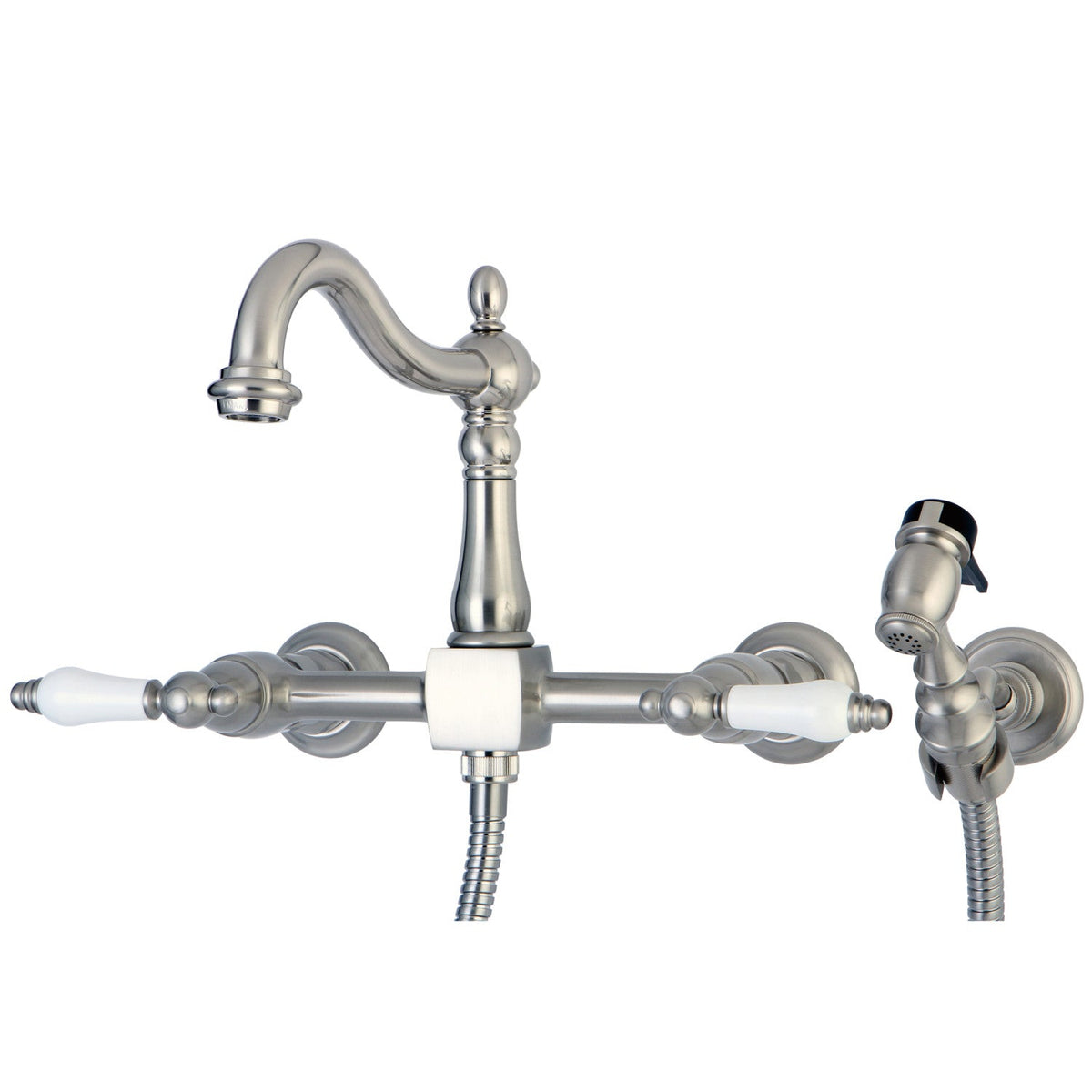 Heritage Double-Handle Wall-Mount Bridge Kitchen Faucet with Brass Sprayer in Brushed Nickel