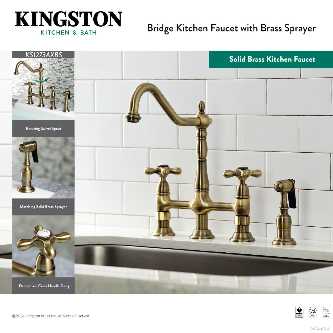 Heritage Bridge Kitchen Faucet with Brass Side Sprayer in Matte Black
