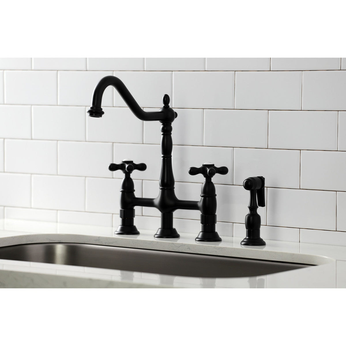 Heritage Bridge Kitchen Faucet with Brass Side Sprayer in Matte Black