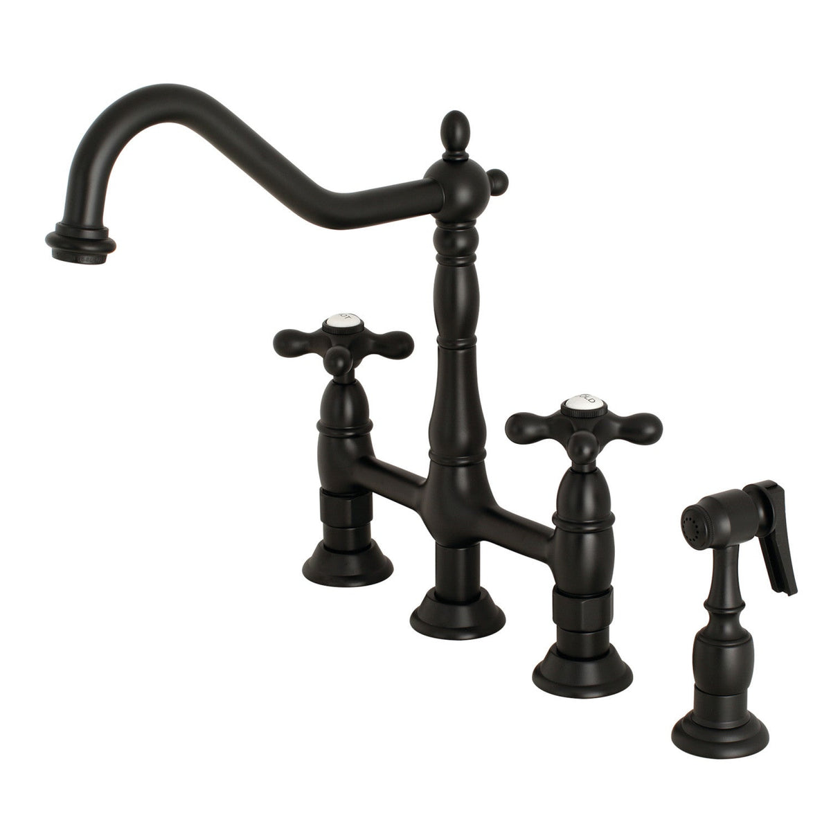 Heritage Bridge Kitchen Faucet with Brass Side Sprayer in Matte Black