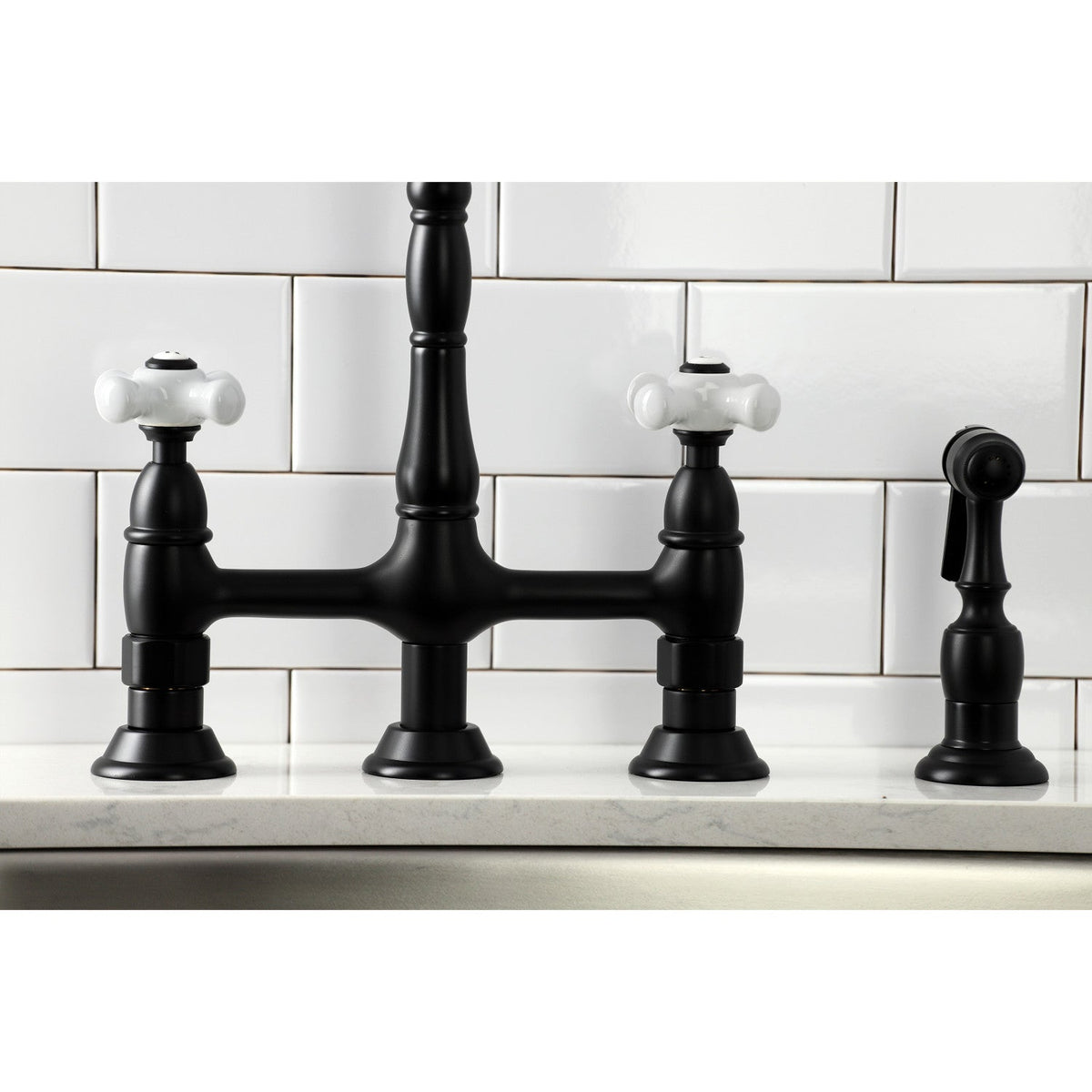 Heritage Bridge Kitchen Faucet with Brass Side Sprayer in Matte Black