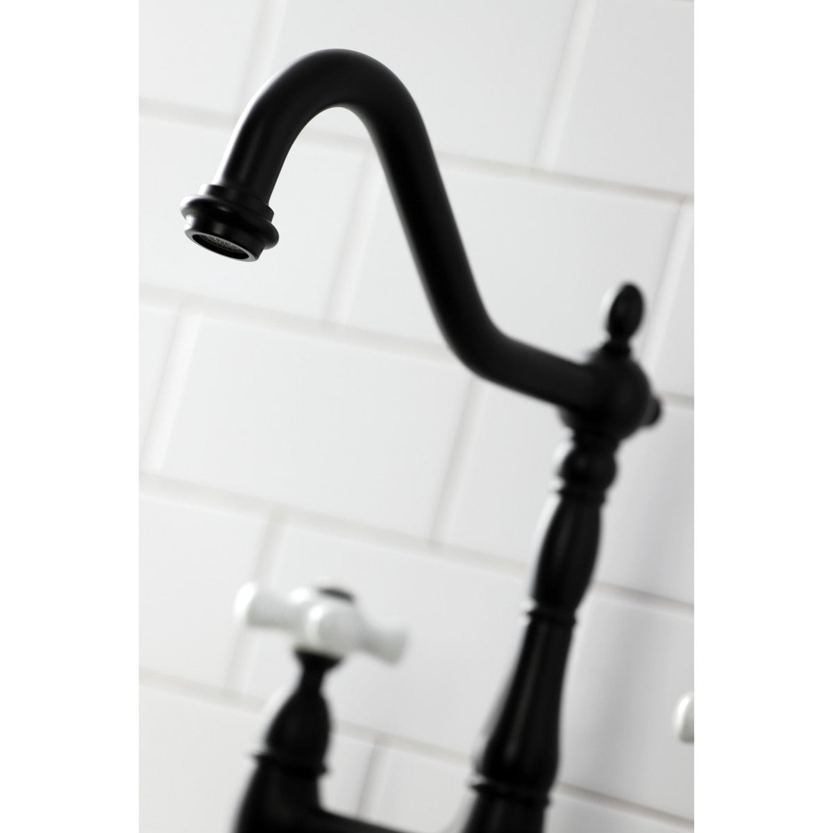 Heritage Bridge Kitchen Faucet with Brass Side Sprayer in Matte Black