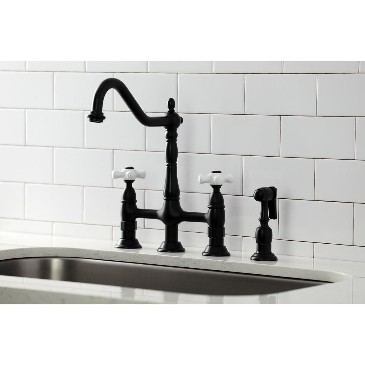 Heritage Bridge Kitchen Faucet with Brass Side Sprayer in Matte Black