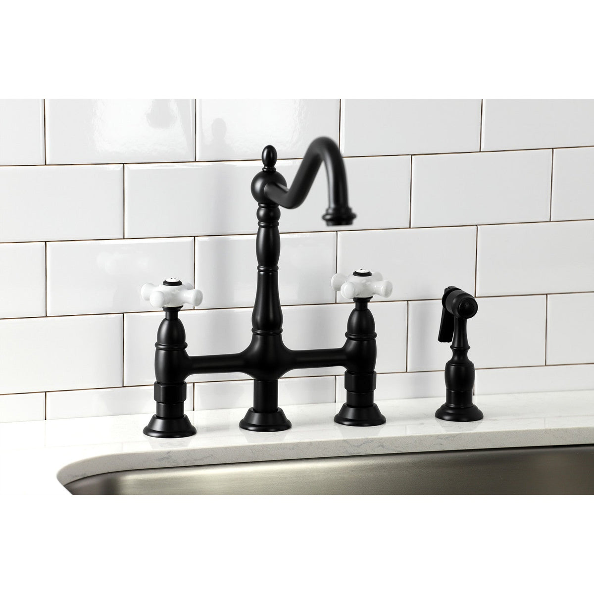 Heritage Bridge Kitchen Faucet with Brass Side Sprayer in Matte Black