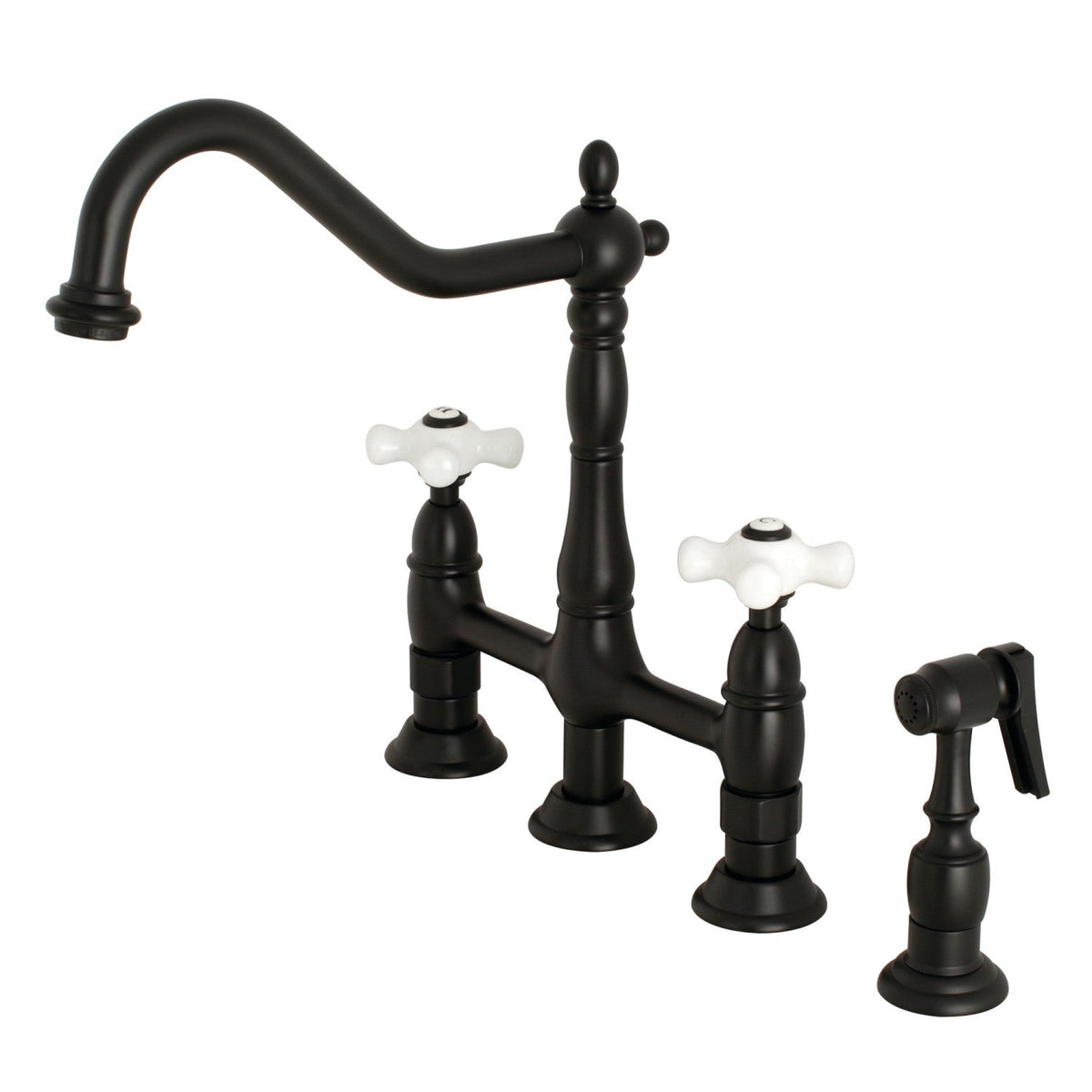 Heritage Bridge Kitchen Faucet with Brass Side Sprayer in Matte Black