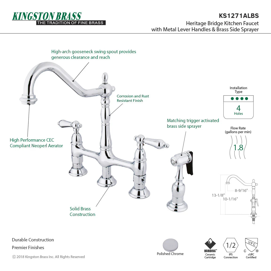 Polished chrome bridge kitchen faucet diagram with measurements and side sprayer