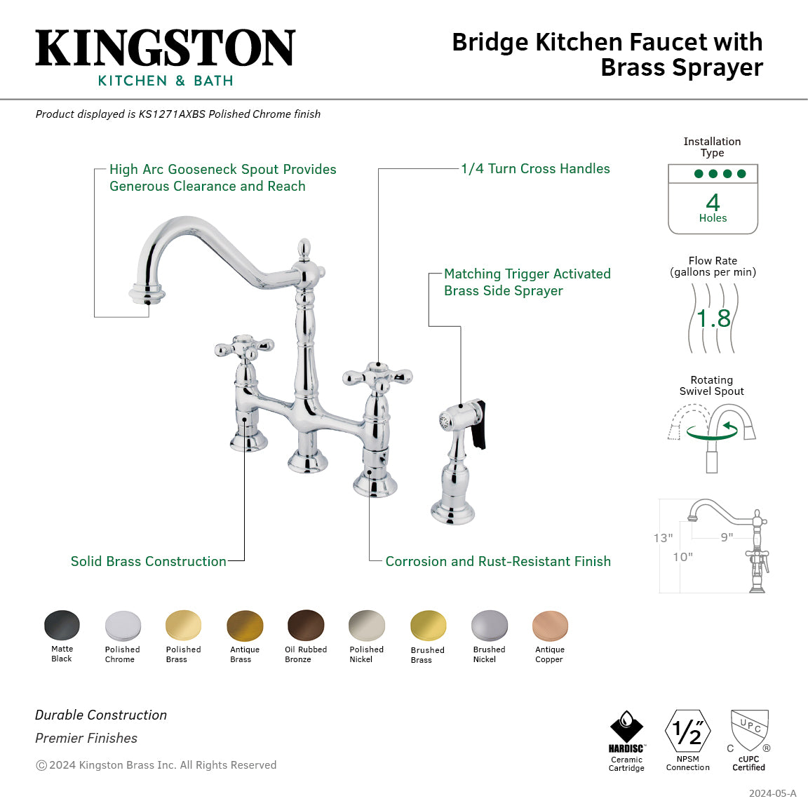 Heritage Bridge Kitchen Faucet with Brass Side Sprayer in Polished Chrome