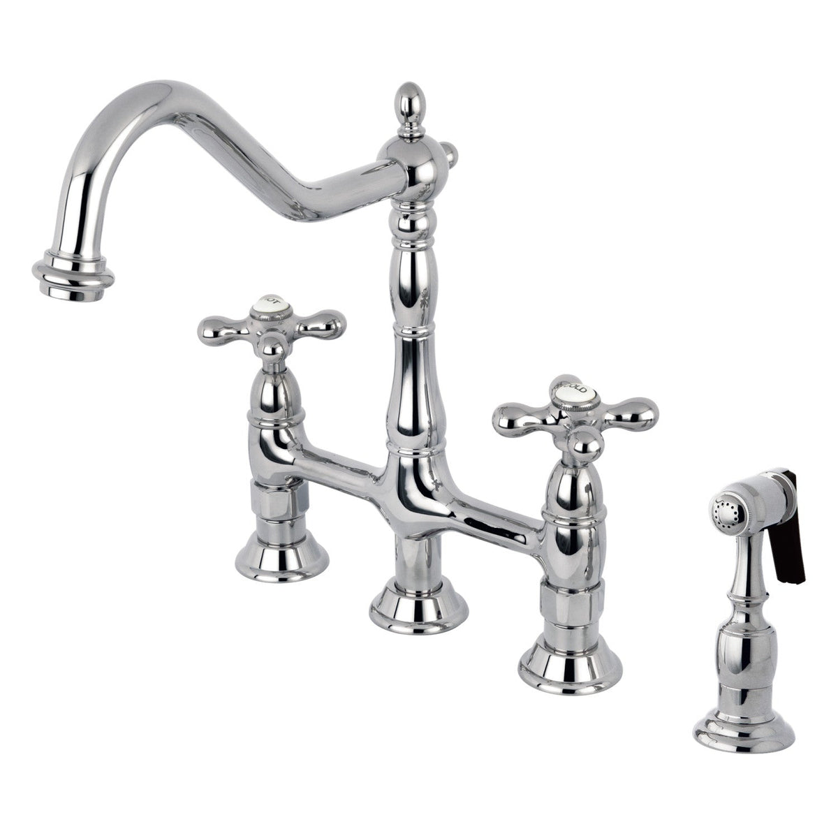 Heritage Bridge Kitchen Faucet with Brass Side Sprayer in Polished Chrome